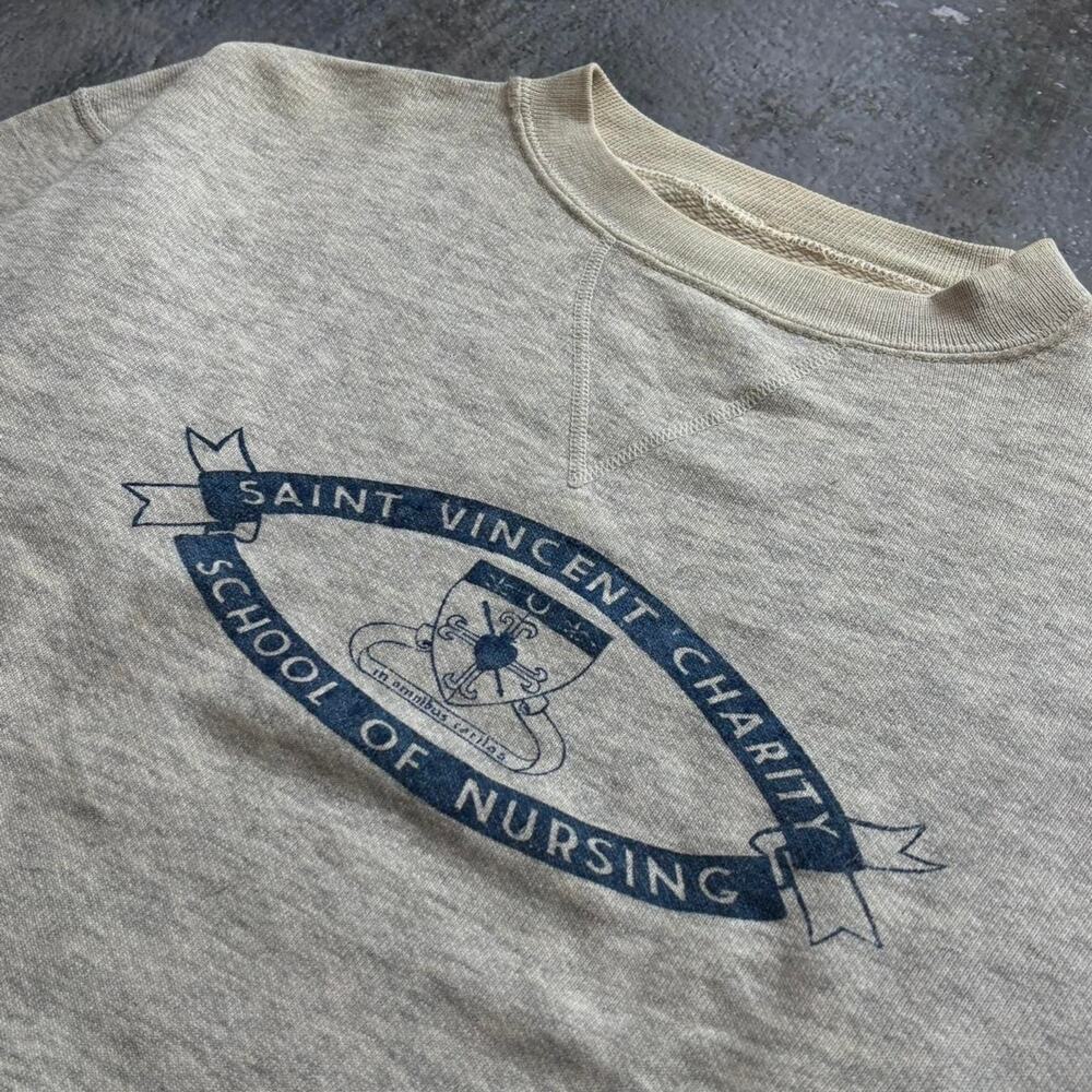 Vintage 50s Single V Sweatshirt. Saint Vincent Charity School Of Nursing. Grey